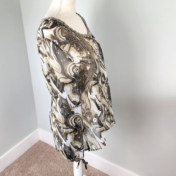 Tribal Women’s Sheer Black Green Ruffled Neckline Blouse Top Long Sleeve Size 14 - Picture 6 of 9